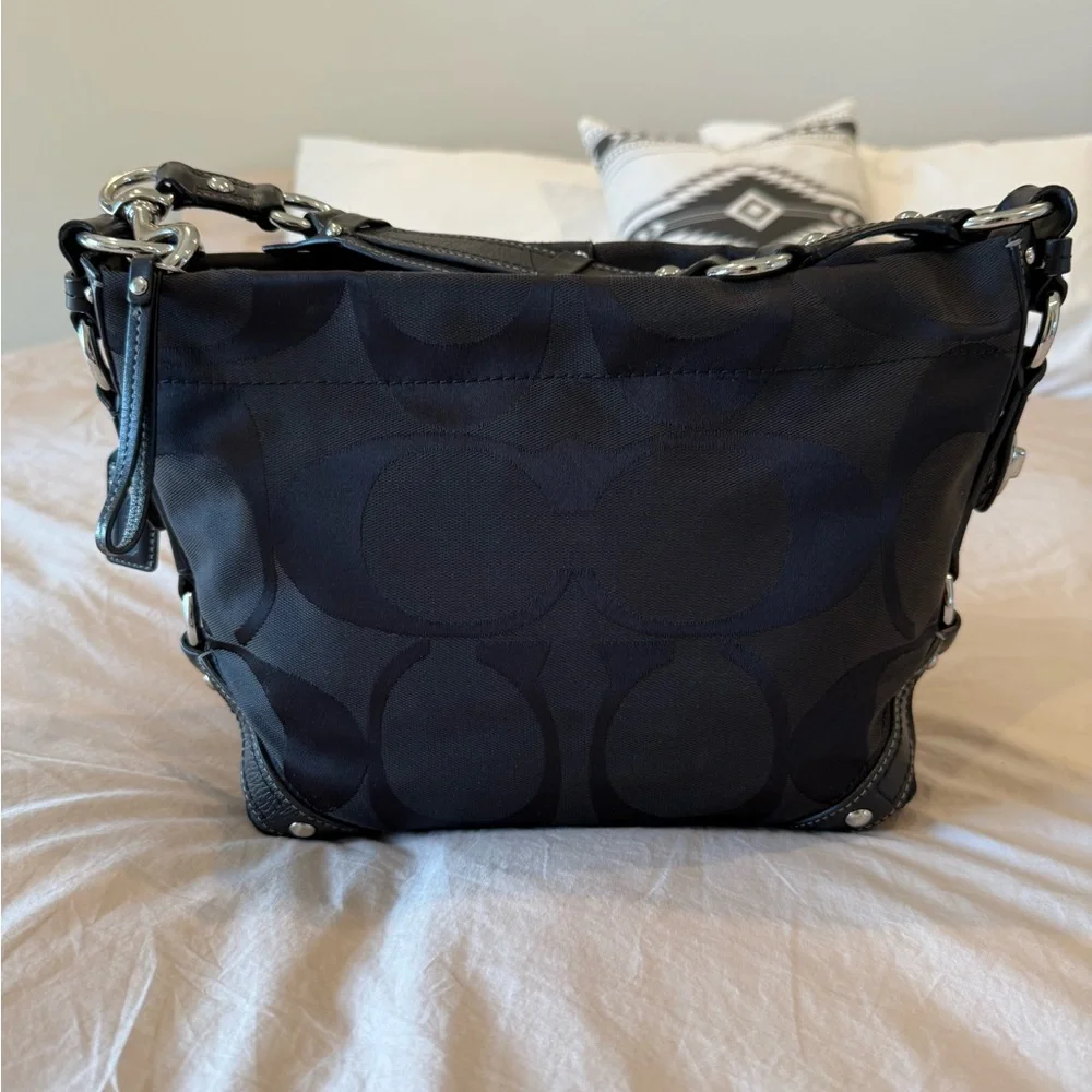 Coach Signature Black Canvas Shoulder Hobo with Silver Hardware - Picture 4 of 12